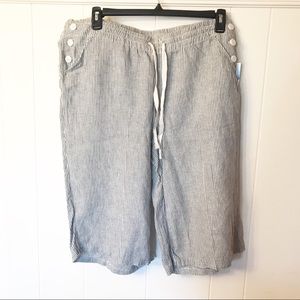 Striped Linen Capri with Cute Button Detail